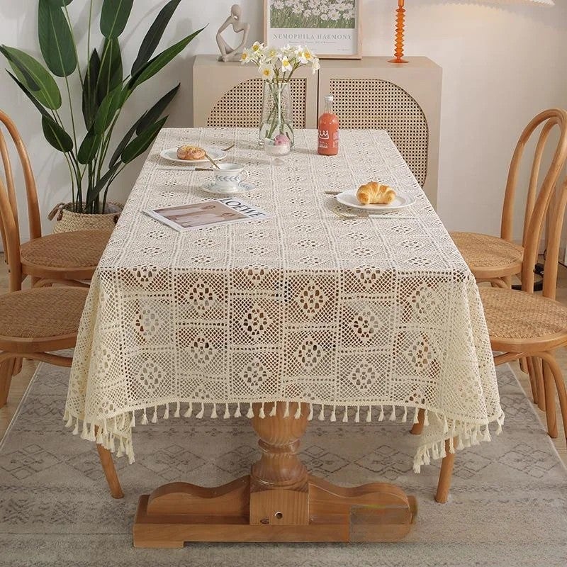 Bluejw American Pastoral Style Handmade Beige white Cotton Crochet Lace Tassel Hollowed Out Tablecloth home decoration table cover pad - Image 1